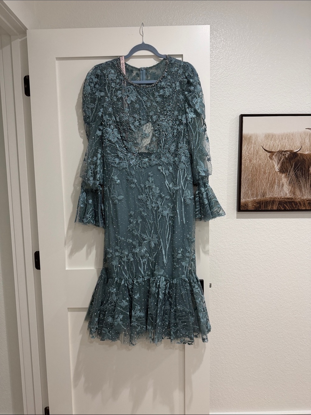 Mac Duggal Teal Embroidered Floral Midi Dress
